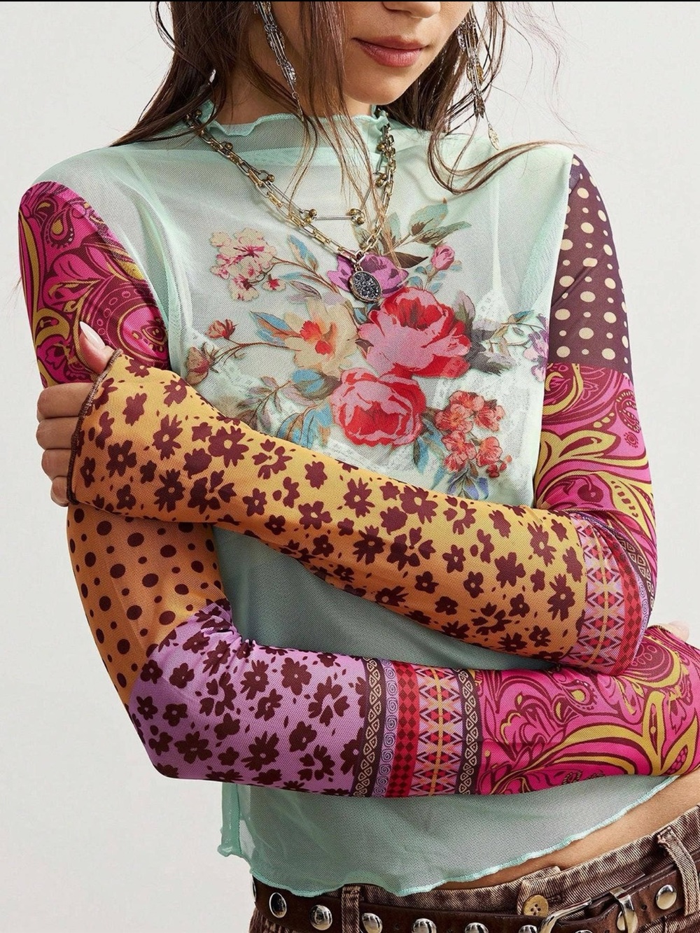 Floral Leopard Mixed Pattern Boho Mesh Lace Layering Top